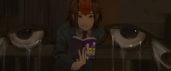 1other against_railing androgynous blazer blue_jacket book brown_background brown_hair business_suit closed_mouth collared_jacket collared_shirt eye_of_senri eyelashes formal_clothes happy hatsburg headgear highres holding holding_book indoors jacket kokutenshi_hibaru lapels layered_sleeves leaning_forward len&#039;en lips long_sleeves looking_at_viewer medium_hair necktie nostrils notched_lapels open_book other_focus railing reading realistic red_eyes red_necktie shirt smile solo spread_wings suit tears thick_eyebrows upper_body when_you_see_it white_shirt