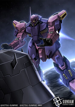 amasaki_yusuke color_variation commentary_request copyright_notice earth_(planet) glowing glowing_eye gundam gundam_card_game gundam_hathaway's_flash in_orbit mecha mecha_focus messer_(mobile_suit) messer_emerelda_zubin_custom mobile_suit no_humans official_art one-eyed open_hands planet promotional_art robot scene_reference science_fiction solo space space_capsule star_(sky) sunrise_(company) yellow_eyes
