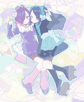 2girls absurdres black_hair blue_eyes blue_hair blush closed_mouth commentary_request cowlick dot_(pokemon) dress hair_ornament hair_over_one_eye hair_ribbon highres japanese_clothes korean_commentary liko_(pokemon) long_hair long_sleeves looking_at_viewer multicolored_hair multiple_girls ninonin nintendo open_mouth pink_hair pokemon pokemon_(anime) pokemon_horizons purple_eyes purple_hair ribbon shirt socks two-tone_hair