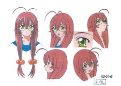 Rule 34 | 1girl, absurdres, brown hair, character sheet, female focus, full body, glasses, green eyes, highres, ikkitousen, ikkitousen great guardians, long hair, looking at viewer, multiple views, official art, open mouth, panties, ryuubi gentoku, school uniform, smile, solo, underwear, upper body, very long hair, white background, wide hips