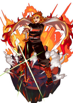 1boy :d belt belt_buckle black_jacket black_pants black_socks blonde_hair buckle cape commentary_request demon_slayer_uniform fangs fighting_stance fire flame_print floating_clothes forked_eyebrows full_body glint hand_on_hilt hands_on_hilt hashimoto_(yanagi-momo) holding holding_sword holding_weapon jacket japanese_clothes katana kimetsu_no_yaiba long_hair long_sleeves looking_at_viewer male_focus multicolored_hair open_mouth pants planted planted_sword planted_weapon pyrokinesis red_eyes red_hair rengoku_kyoujurou rock sandals sheath simple_background smile smoke socks solo sparkle standing sword teeth thick_eyebrows two-tone_hair weapon white_background white_belt white_cape yellow_eyes