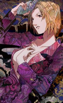 Rule 34 | 1girl, absurdres, aquiline nose, black jacket, black skirt, blonde hair, breasts, brown eyes, bullet, center opening, cleavage, commentary request, gun, highres, holding, holding bullet, holding gun, holding weapon, hunter x hunter, jacket, long sleeves, looking to the side, medium breasts, miniskirt, nose, pakunoda, pencil skirt, skirt, solo, weapon, yadu nadu