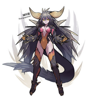 1girl baniran_dorosu breasts center_opening cleavage dragon_girl dragon_horns dragon_tail folded_wings full_body highleg highleg_leotard horns leotard long_hair looking_at_viewer medium_breasts monster_girl monster_hunter:_world monster_hunter_(series) nergigante personification solo spiked_tail spiked_wings spikes standing tail thighhighs wings yellow_eyes