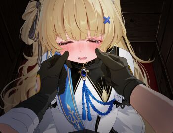 >_< 1girl :i alternate_breast_size_(larger) black_gloves blonde_hair blue_sash blush breasts breath cheek_pinching cheek_pull closed_eyes commentary crying from_above gloves hair_ornament highres indoors large_breasts long_hair looking_at_viewer mako_(makoda) male_rover_(wuthering_waves) no_headwear open_mouth paid_reward_available phoebe_(wuthering_waves) pinching pov pov_hands purple_eyes rover_(wuthering_waves) sash shirt skirt solo_focus tearing_up white_shirt white_skirt wuthering_waves x_hair_ornament