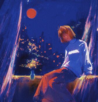 arcueid_brunestud blonde_hair city_lights cityscape commentary_request curtains dress flower fucha head_tilt highres light_smile long_dress moon red_eyes red_moon shaded_face shirt short_hair sitting tsukihime turtleneck vase white_shirt windowsill