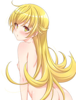1girl ass bakemonogatari blonde_hair blush breasts commentary_request completely_nude long_hair looking_at_viewer monogatari_(series) nipples nude open_mouth oshino_shinobu parted_bangs pointy_ears shakunetsujigoku simple_background small_breasts solo very_long_hair white_background yellow_eyes