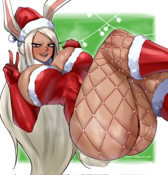 1girl animal_ears boku_no_hero_academia boots breasts commentary dark-skinned_female dark_skin english_commentary fishnets gloves highres large_breasts long_hair mili_leona_orochi mirko rabbit_ears solo thick_thighs thighs white_hair
