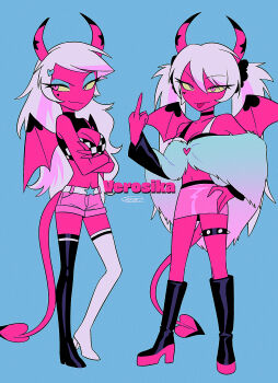 2girls absurdres asymmetrical_footwear bare_arms bare_shoulders belt black_belt black_boots black_choker black_sclera black_shirt blue_background blue_eyeshadow boots breasts character_name checkered_clothes checkered_shirt choker cleavage cleavage_cutout closed_mouth clothing_cutout collarbone colored_sclera colored_skin commentary_request crossed_arms demon_girl demon_horns demon_tail demon_wings denim denim_shorts double-parted_bangs dual_persona eyeshadow facial_mark fewer_digits full_body fur_jacket gradient_clothes gradient_jacket grey_jacket hair_between_eyes hair_ornament hair_scrunchie hand_on_own_hip heart heart_facial_mark heart_hair_ornament hellaverse helluva_boss high_heel_boots high_heels highres horns jacket knee_boots knees_apart_feet_together legs_apart long_hair long_sleeves makeup medium_breasts menma_(enaic31) middle_finger midriff miniskirt mismatched_footwear multicolored_hair multiple_girls navel pencil_skirt pink_eyes pink_hair pink_jacket pink_shorts pink_skin pink_skirt pink_tail pink_wings scrunchie shirt short_shorts shorts side-by-side signature simple_background skirt sleeveless sleeveless_shirt sleeveless_turtleneck smile spiked_thigh_strap standing star_(symbol) streaked_hair tail thigh_boots thigh_strap turtleneck turtleneck_shirt twintails two-tone_hair two-tone_shirt verosika_mayday very_long_hair white_belt white_boots white_hair white_shirt wings yellow_sclera