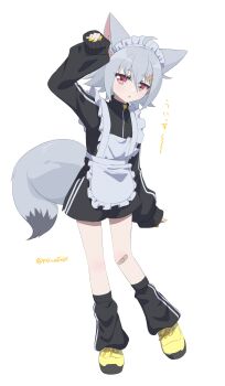 1girl absurdres ahoge animal_ears apron arm_up bandaid bandaid_on_knee bandaid_on_leg black_jacket black_shorts commentary_request fox_ears fox_girl fox_tail frilled_apron frills full_body grey_hair grey_tail hair_between_eyes hair_ornament hairclip highres jacket long_sleeves looking_at_viewer maid maid_apron maid_headdress minowa_sukyaru miwa_kitsune-chan nail_polish original parted_lips red_eyes shoes short_eyebrows short_hair shorts simple_background sleeves_past_wrists socks solo standing tail thick_eyebrows track_jacket twitter_username unconventional_maid white_apron white_background yellow_nails yellow_shoes
