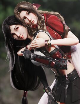2girls 3d absurdres aerith_gainsborough asymmetrical_bangs black_hair blouse bracelet braid breasts brown_hair dress final_fantasy final_fantasy_vii final_fantasy_vii_remake fingerless_gloves gloves green_eyes hair_ribbon highres hug jacket jewelry large_breasts long_hair low-tied_long_hair materia midriff multiple_girls navel pink_dress pink_ribbon red_eyes red_jacket ria-neearts ribbon shirt sidelocks skirt square_enix suspender_skirt suspenders tifa_lockhart upper_body wavy_hair white_shirt