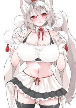Rule 34 | 1girl, absurdres, animal ears, black bra, black skirt, black thighhighs, bra, breasts, cleavage, collar, collarbone, curvy, detached collar, detached sleeves, frilled tube top, frills, garter straps, gloves, hat, highres, inubashiri momiji, large breasts, layered skirt, midriff, navel, neck ribbon, open mouth, pom pom (clothes), red eyes, red hat, red ribbon, regua, ribbon, simple background, skirt, solo, strapless, tail, thick thighs, thighhighs, thighs, tokin hat, touhou, tube top, underwear, white background, white collar, white gloves, white hair, white skirt, white tube top, wide sleeves, wolf ears, wolf tail