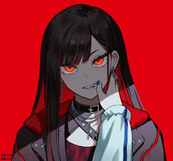 2girls azusawa_kohane black_choker black_hair blue_nails choker colored_inner_hair commentary_request earrings fang female_pov hand_on_another&#039;s_cheek hand_on_another&#039;s_face highres jewelry korean_commentary long_hair looking_at_viewer multicolored_hair multiple_girls nail_polish official_alternate_hair_color pov project_sekai red_background red_eyes red_hair shiraishi_an simple_background whip_the_wimp_girl!!_(project_sekai) wo_habum yuri