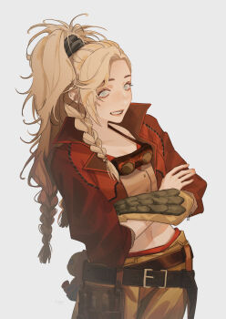 1girl absurdres asymmetrical_hair belt belt_pouch black_scrunchie blonde_hair blue_eyes braid character_doll commentary_request constricted_pupils cowboy_shot cropped_jacket crossed_arms doll gemma_(monster_hunter_wilds) goggles goggles_around_neck hair_ornament hair_scrunchie haji_(haji07lo) highres jacket lapels leather leather_belt leather_jacket long_hair looking_at_viewer messy_hair midriff monster_hunter_(series) monster_hunter_wilds multiple_belts navel notched_lapels open_clothes open_jacket panties pouch red_jacket red_panties scrunchie side_braids single_bracer solo tools underwear white_background