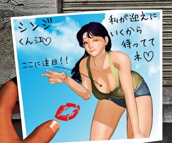 1girl bent_over black_hair blue_shorts breasts cleavage denim denim_shorts katsuragi_misato kill_the_king large_breasts leaning_forward long_hair looking_at_viewer mature_female one_eye_closed photo_(object) short_shorts shorts smile solo tank_top