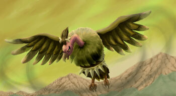 Rule 34 | animal focus, beak, bird, bone, feathers, flying, gen 5 pokemon, highres, karura (to-the-4483), mandibuzz, nintendo, no humans, open mouth, outdoors, pokemon, pokemon (creature), pokemon focus, red eyes, sky, talons, vulture, wings