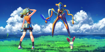 1girl arm_up bad_id bad_twitter_id bandana bare_arms bike_shorts black_legwear brown_hair cloud commentary_request day deoxys fanny_pack gen_3_pokemon gloves grass green_bandana kneepits legs_apart may_(pokemon) may_(pokemon_emerald) mythical_pokemon nintendo outdoors plusle pokemon pokemon_(creature) pokemon_emerald pokemon_rse rowdon shoes sky socks standing