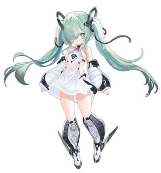 1girl :o android bright_pupils detached_sleeves dress facial_mark floating_clothes floating_hair full_body green_eyes green_hair hair_over_one_eye highres long_hair mechanical_legs non-web_source open_mouth original simple_background solo transparent_background twintails white_background white_dress white_pupils wire yura856