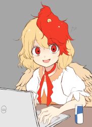 Rule 34 | 1girl, absurdres, animal, animal on head, bird, bird on head, bird wings, blonde hair, chick, choker, commentary request, computer, dress, empty eyes, energy drink, feathered wings, grey background, highres, iyo mamoru, laptop, looking at viewer, multicolored hair, nervous, niwatari kutaka, on head, orange dress, puffy short sleeves, puffy sleeves, red eyes, red hair, red ribbon, ribbon, ribbon choker, shirt, short hair, short sleeves, simple background, sitting, solo, touhou, two-tone hair, white shirt, wings, yellow wings