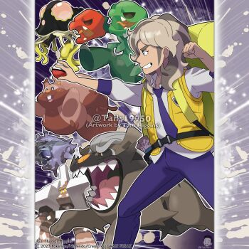 1boy artist_name arven_(pokemon) backpack bag brown_hair buck_teeth character_name clenched_hand cloyster collared_shirt commentary company_name copyright_notice english_commentary eyelashes fangs from_side garganacl gen_1_pokemon gen_8_pokemon greedent green_eyes grin highres holding holding_poke_ball instagram_username mabosstiff male_focus medium_hair merchandise_available multicolored_hair necktie nintendo nostrils official_style open_clothes open_mouth open_vest outline pants poke_ball poke_ball_(basic) pokemon pokemon_(creature) pokemon_sv purple_necktie purple_pants school_uniform scovillain sharp_teeth shirt smile teeth toedscruel tom_higgins tongue two-tone_hair uva_academy_school_uniform vest watermark white_outline white_shirt yellow_bag yellow_vest