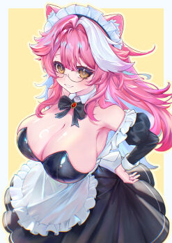 1girl absurdres alternate_costume animal_ear_fluff animal_ears apron ben-day_dots black_bow black_bowtie black_dress border bow bowtie breasts chishima_rizeru cleavage commentary detached_collar dress english_commentary enmaided frilled_apron frills glasses grin hair_between_eyes highres hololive hololive_english juliet_sleeves large_breasts long_hair long_sleeves looking_at_viewer maid maid_headdress multicolored_hair outside_border panther_ears panther_girl pink_hair puffy_sleeves raora_panthera screentones shiny_clothes shiny_skin smile solo two-tone_hair virtual_youtuber waist_apron white_apron white_border white_hair yellow_background yellow_eyes