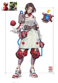 Rule 34 | 1girl, ankle boots, armband, armor, arrow (symbol), artist logo, ascot, belt, belt pouch, blue eyes, boots, breast pocket, brown hair, closed mouth, coat, commentary, concept art, cross, dated, doctor, drone, food, fruit, full body, gloves, highres, inset border, julian futanto, knee pads, logo, long sleeves, looking at viewer, original, pauldrons, pocket, pomegranate, pouch, red armband, red ascot, reference inset, shoulder armor, single pauldron, smile, soldier, solo, standing, untranslatable commentary, utility belt, white background, white boots, white coat, white gloves