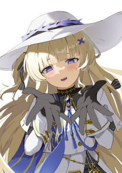 Rule 34 | 1girl, absurdres, black gloves, blonde hair, blue eyes, blue sash, blush, chinese commentary, commentary request, gloves, hair ornament, hands up, hat, highres, lingding, long hair, long sleeves, looking at viewer, open mouth, phoebe (wuthering waves), sash, shirt, simple background, skirt, smile, solo, upper body, white background, white hat, white shirt, white skirt, wuthering waves, x hair ornament
