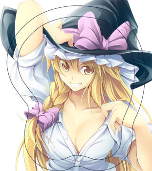 1girl blonde_hair breasts cleavage female_focus fuyuwa_kotatsu grin hair_ribbon hat kirisame_marisa open_clothes open_shirt ribbon shirt simple_background smile solo touhou undressing white_background witch_hat yellow_eyes