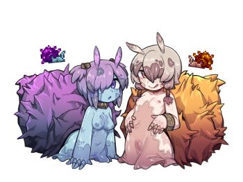 2girls antennae black_hair blonde_hair blue_skin blush breasts brown_hair closed_mouth colored_nipples colored_skin cube_hair_ornament female_focus full_body giant_shelly_(terraria) hair_ornament hair_over_one_eye inverted_nipples licking_lips loli looking_at_viewer monster_girl multicolored_hair multiple_girls navel nude nyong_nyong orange_eyes parted_lips personification purple_eyes purple_hair pussy reference_inset shell short_hair small_breasts smile snail_girl terraria tongue tongue_out two-tone_hair uncensored white_background