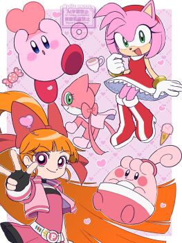 1boy 3girls :d akazutsumi_momoko amy_rose balloon blue_eyes blush bow candy commentary_request cup donut food gen_4_pokemon green_eyes hair_bow happiny heart heart_background heart_balloon highres hyper_blossom ice_cream kirby kirby_(series) koke_ojisan miko_(nyani_ga_nyander_nyander_kamen) multiple_girls nintendo nyani_ga_nyander_nyander_kamen open_mouth orange_hair pink_background pink_eyes pokemon pokemon_(creature) ponytail powerpuff_girls_z red_bow smile sonic_(series) superhero_costume teacup w