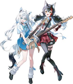 2girls absurdres animal_ear_fluff animal_ears asymmetrical_legwear black_boots black_hair black_pantyhose black_shoes black_thighhighs boots clothes_around_waist floating_hair fox_ears fox_girl fox_tail full_body highres holding holding_instrument hololive instrument loafers long_hair looking_at_viewer loose_socks low_twintails multicolored_hair multiple_girls official_art ookami_mio open_mouth pantyhose red_hair shirakami_fubuki shirt shoes short_sleeves simple_background skirt smile socks standing streaked_hair tail thigh_strap thighhighs transparent_background twintails two-tone_tail uneven_legwear very_long_hair virtual_youtuber white_hair white_shirt white_socks wolf_ears wolf_girl wolf_tail