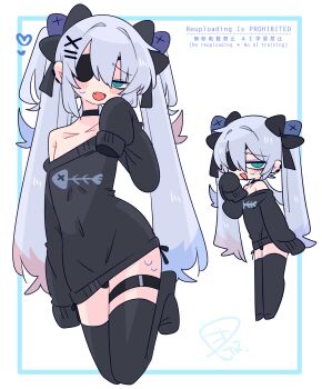 1boy :d bare_shoulders black_bow black_choker black_sweater black_thighhighs blue_eyes blue_hair blush bow bulge choker collarbone colored_tips commentary crossdressing crossdressing_(mtf) earclip eyepatch fang fish_skeleton fish_skeleton_print flipped_hair from_side full_body hair_between_eyes hair_bow hair_intakes hair_ornament hand_up heart highres kneeling long_hair long_sleeves looking_at_viewer male_focus multicolored_hair multiple_views narrowed_eyes no_nose no_pants off_shoulder one_eye_covered op_na_yarou open_mouth original oversized_clothes print_sweater quad_tails raised_inner_eyebrows red_hair rigel_(op_na_yarou) sidelocks simple_background skin_fang sleeves_past_fingers sleeves_past_wrists smile standing straight_hair sweat sweatdrop sweater thigh_strap thighhighs trap very_long_hair watermark white_background white_hair x_hair_ornament