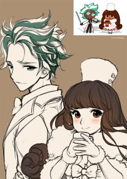 1boy 1girl bow brown_hair cocoa_cookie commentary cookie_run couple dark-skinned_female dark-skinned_male dark_skin english_commentary green_eyes green_hair holding humanization instrument kawacy looking_at_viewer mint_choco_cookie shirt short_hair smile white_hair