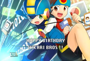 armor artist_request bandana bare_legs capcom child gloves helmet jacket knees lan_hikari_(mega_man) lan_hikari_(mega_man) legs mega_man_(series) mega_man_battle_network mega_man_battle_network_(series) megaman.exe microchip shorts smile