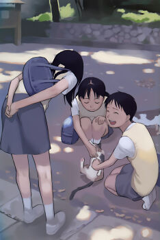 3girls ^_^ absurdres arm_behind_back black_eyes black_hair cat closed_eyes highres long_hair multiple_girls school_uniform short_hair slice_of_life smile sweater sweater_vest takamichi tree twintails vest