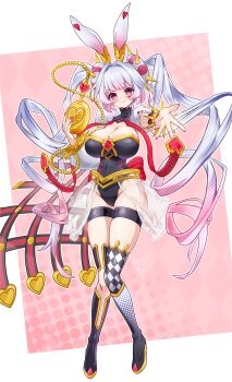 1girl absurdres animal_ears asymmetrical_bangs asymmetrical_clothes black_leotard blush breasts cleavage closed_mouth commentary_request double_bun duel_monster full_body gradient_hair hair_bun hair_ornament highres holding holding_pocket_watch large_breasts leotard long_sleeves looking_at_viewer looking_back maliss_&lt;p&gt;_white_rabbit multicolored_hair multiple_views pink_hair pocket_watch rabbit_ears rabbit_girl reaching reaching_towards_viewer short_sleeves smile spikes thigh_strap ttakji_craft twintails watch yu-gi-oh!