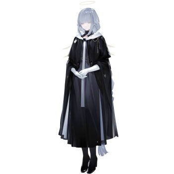 1girl arknights black_boots black_cloak blue_dress blue_hair boots braid brown_eyes cloak detached_wings dress energy_wings full_body gloves halo long_bangs long_dress long_hair looking_down nun official_art open_cloak open_clothes own_hands_together simple_background solo standing tachi-e third-party_source traditional_halo transparent_background very_long_hair white_gloves wings