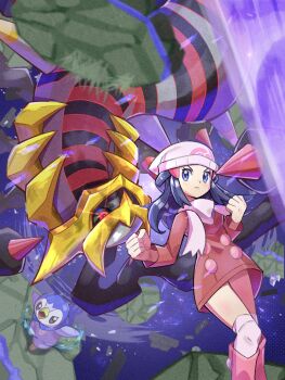 1girl dawn_(pokemon) distortion_world gen_4_pokemon giratina giratina_(origin) highres inana_umi legendary_pokemon nintendo piplup pokemon pokemon_(creature) pokemon_dppt pokemon_platinum