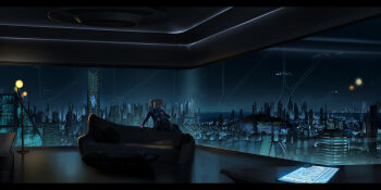 1girl absurdres apartment blonde_hair blue_bodysuit bodysuit city commentary couch english_commentary gun handgun highres holding holding_gun holding_weapon in-universe_location lamp max_kay metroid metroid:_other_m metroid:_samus_returns night nintendo paralyzer ponytail samus_aran scenery sitting solo table weapon window zero_suit
