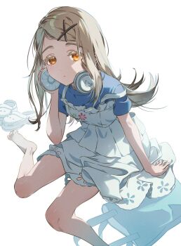 1girl arm_support bag barefoot blonde_hair blue_shirt closed_mouth colored_eyelashes contrast_(idolmaster) dress flipped_hair floral_print foreshortening full_body gakuen_idolmaster hair_ornament hand_on_headphones hashtag-only_commentary hazuki_mizuho headphones headphones_around_neck highres idolmaster long_hair looking_at_viewer orange_hair pinafore_dress print_dress shinosawa_hiro shirt shoes short_dress short_sleeves simple_background sitting sleeveless sleeveless_dress solo strap_slip swept_bangs t-shirt unworn_shoes wariza white_background white_dress x_hair_ornament