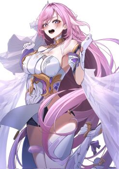 Rule 34 | 1girl, black shorts, blush, breasts, bridal veil, commentary request, corrupted twitter file, diamond-shaped pupils, diamond (shape), elysia (herrscher of human: ego) (honkai impact), elysia (honkai impact), gloves, hair intakes, hands up, highres, honkai (series), honkai impact 3rd, kamishiro noa, large breasts, leotard, long hair, looking at viewer, open mouth, pink hair, purple eyes, short shorts, shorts, simple background, solo, symbol-shaped pupils, thighs, veil, very long hair, white background, white gloves, white leotard, white veil