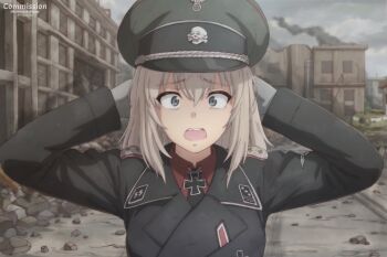 1girl alternate_costume arms_behind_head artist_name battle_of_berlin black_hat black_jacket blonde_hair blue_eyes blurry blurry_background breasts building caterpillar_tracks collar_tabs collared_shirt commentary commission cross english_commentary english_text germany girls_und_panzer gloves grey_gloves grey_sky hat hat_ornament highres insignia iron_cross is-2 itsumi_erika jacket kepincox lapels medium_breasts medium_hair meme military military_hat military_jacket military_uniform military_vehicle motor_vehicle nazi open_mouth red_shirt red_star reichsadler rock rubble scene_reference shirt shocked_black_guy_(meme) sidelocks siegrunen skull_hat_ornament sky smoke solo ss_insignia ss_uniform star_(symbol) surprised tank tank_turret teeth totenkopf upper_teeth_only waffen-ss wide-eyed world_war_ii