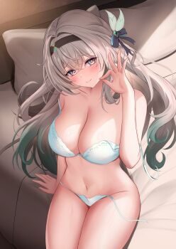 1girl absurdres aqua_bra aqua_hair aqua_panties black_hairband blush bra breasts cleavage closed_mouth commentary_request double_strap_slip firefly_(honkai:_star_rail) gradient_hair grey_hair hairband hand_up highres honkai:_star_rail honkai_(series) large_breasts long_hair looking_at_viewer multicolored_hair navel ok_sign on_bed panties shouhaku0512 side-tie_panties sitting smile solo stomach underwear untied_panties very_long_hair