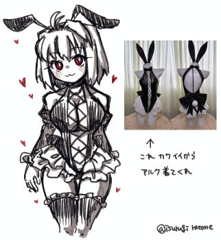 Rule 34 | 1girl, :3, absurdres, ahoge, alternate costume, animal ears, arcueid brunestud, arm behind back, black leotard, blush, breasts, bunny day, commentary request, fake animal ears, frilled skirt, frilled thighhighs, frills, hair intakes, heart, highres, huge breasts, isurugiratone, leotard, looking at viewer, monochrome, photo-referenced, rabbit ears, red eyes, short hair, sketch, skirt, solo, thighhighs, thighs, tsukihime