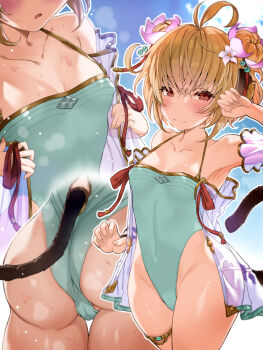 1girl andira_(granblue_fantasy) andira_(summer)_(granblue_fantasy) animal_ears ariso_kaoru armpits arms_up ass bare_shoulders blonde_hair blush breasts collarbone covered_navel erune granblue_fantasy hair_ornament highleg highleg_leotard highleg_one-piece_swimsuit highres leotard looking_at_viewer medium_breasts monkey_ears monkey_girl monkey_tail nail_polish one-piece_swimsuit red_eyes short_hair smile swimsuit tail thigh_strap thighs
