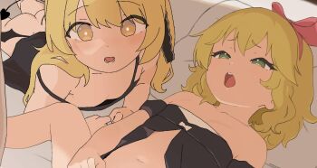 1boy 2girls animated ass bed_sheet blonde_hair blue_archive cropped demon_girl demon_tail demon_wings green_eyes hair_ribbon hanhun head_on_pillow ibuki_(blue_archive) idolmaster idolmaster_cinderella_girls indoors loli looking_at_viewer lying multiple_girls navel on_back on_bed open_mouth paid_reward_available pillow ribbon sakurai_momoka sex spread_legs tagme tail teeth video wings yellow_eyes