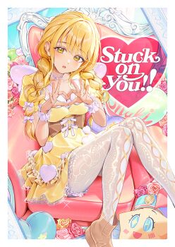 1girl :o blonde_hair blush border braid brown_shoes chair collarbone commentary commentary_request corset dress english_commentary flower four-finger_heart_hands frilled_wristband fujita_kotone gakuen_idolmaster head_tilt heart heart_hands highres idolmaster kainown knees_together_feet_apart long_hair looking_at_viewer official_alternate_costume on_chair pantyhose puffy_short_sleeves puffy_sleeves rose shoes short_sleeves sitting solo star_(symbol) twin_braids white_border white_pantyhose white_wings wings yellow_dress yellow_eyes
