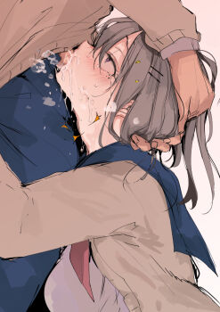 1boy 1girl bad_id bad_twitter_id blush cardigan clothed_sex cum cum_in_mouth cum_on_body deepthroat facial fellatio fellatio_hold from_side hair_ornament hairclip head_grab hetero hug_and_suck irrumatio looking_up mole mole_under_eye nonoyama oral original penis profile saliva school_uniform serafuku solo_focus