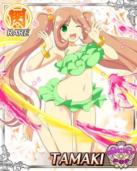 1girl arms_up aura barefoot bikini border bouncing_breasts bracelet breasts brown_hair card_(medium) character_name cleavage english_text frilled_bikini frills game_cg gluteal_fold green_bikini green_eyes jewelry large_breasts long_hair looking_at_viewer navel official_alternate_costume official_art one_eye_closed open_mouth senran_kagura senran_kagura_new_wave smile solo swimsuit tamaki_(senran_kagura) twintails
