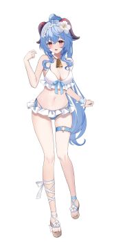 1girl absurdres ahoge alternate_costume alternate_hairstyle amaneko_(amaneko_y) bare_shoulders bikini blue_hair breasts brown_sandals cleavage flower full_body ganyu_(genshin_impact) genshin_impact goat_horns hair_between_eyes hair_flower hair_ornament hand_up high_ponytail highres horns long_hair looking_at_viewer navel open_mouth ponytail sandals simple_background smile solo standing stomach swimsuit thigh_strap white_background white_bikini