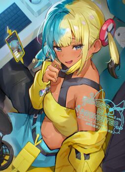1girl aqua_hair bandeau black_hair black_mask black_pants blonde_hair blue_eyes blue_pants blush breasts canari_(pokemon) computer_keyboard criss-cross_straps dark-skinned_female dark_skin gen_4_pokemon gen_5_pokemon highres jacket livestream long_sleeves looking_at_viewer mask mask_pull medium_breasts mega_stone midriff mouth_mask multicolored_hair navel nintendo omelet_tomato open_mouth pants pokemon pokemon_(creature) pokemon_legends:_z-a rotom rotom_phone short_twintails sitting smile solo split-color_hair sports_bra twintails two-tone_hair two-tone_mask two-tone_pants tynamo yellow_bandeau yellow_jacket yellow_mask yellow_sports_bra